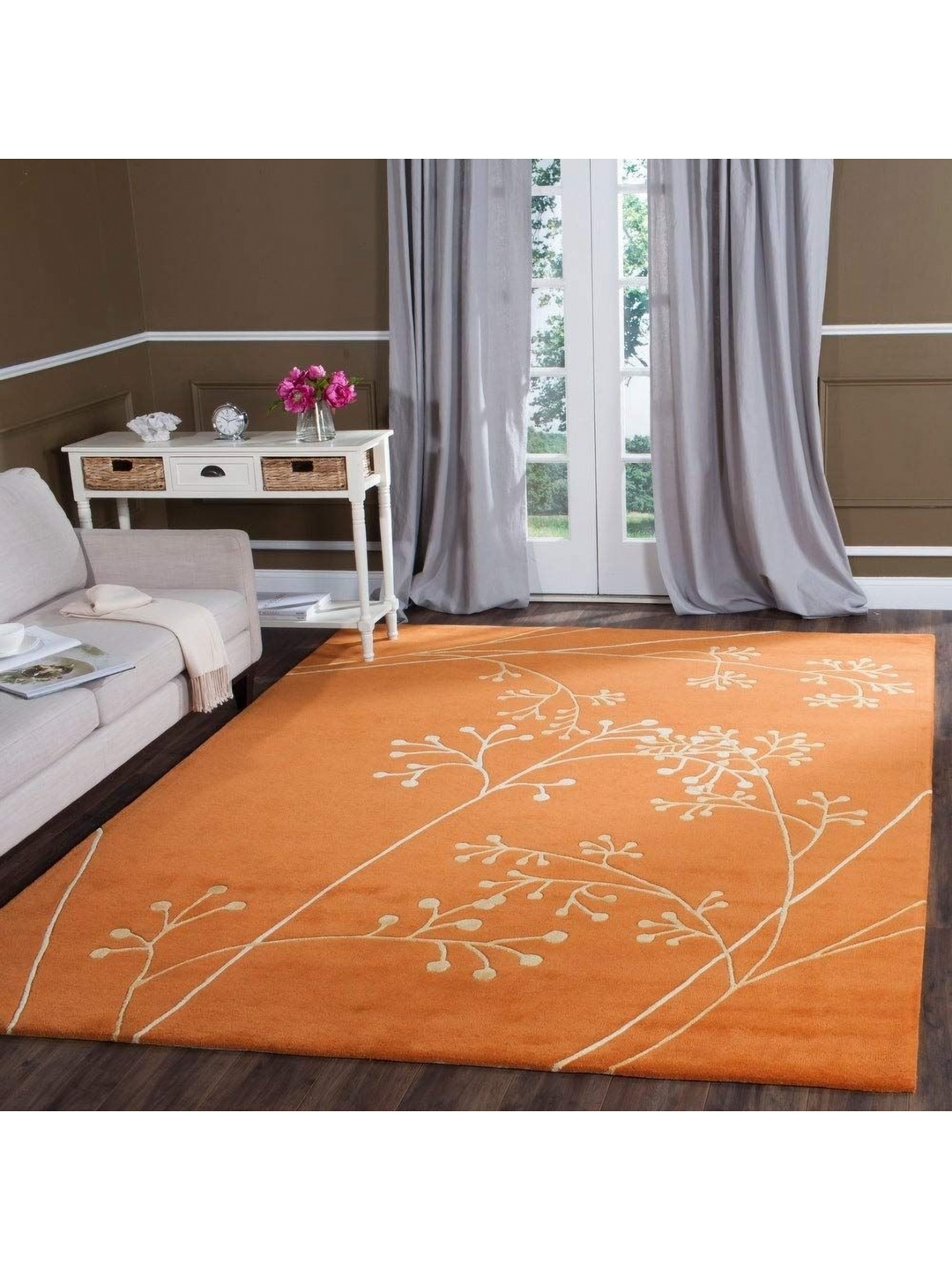 

IMRA CARPET Orange Floral Contemporary Woollen Carpet
