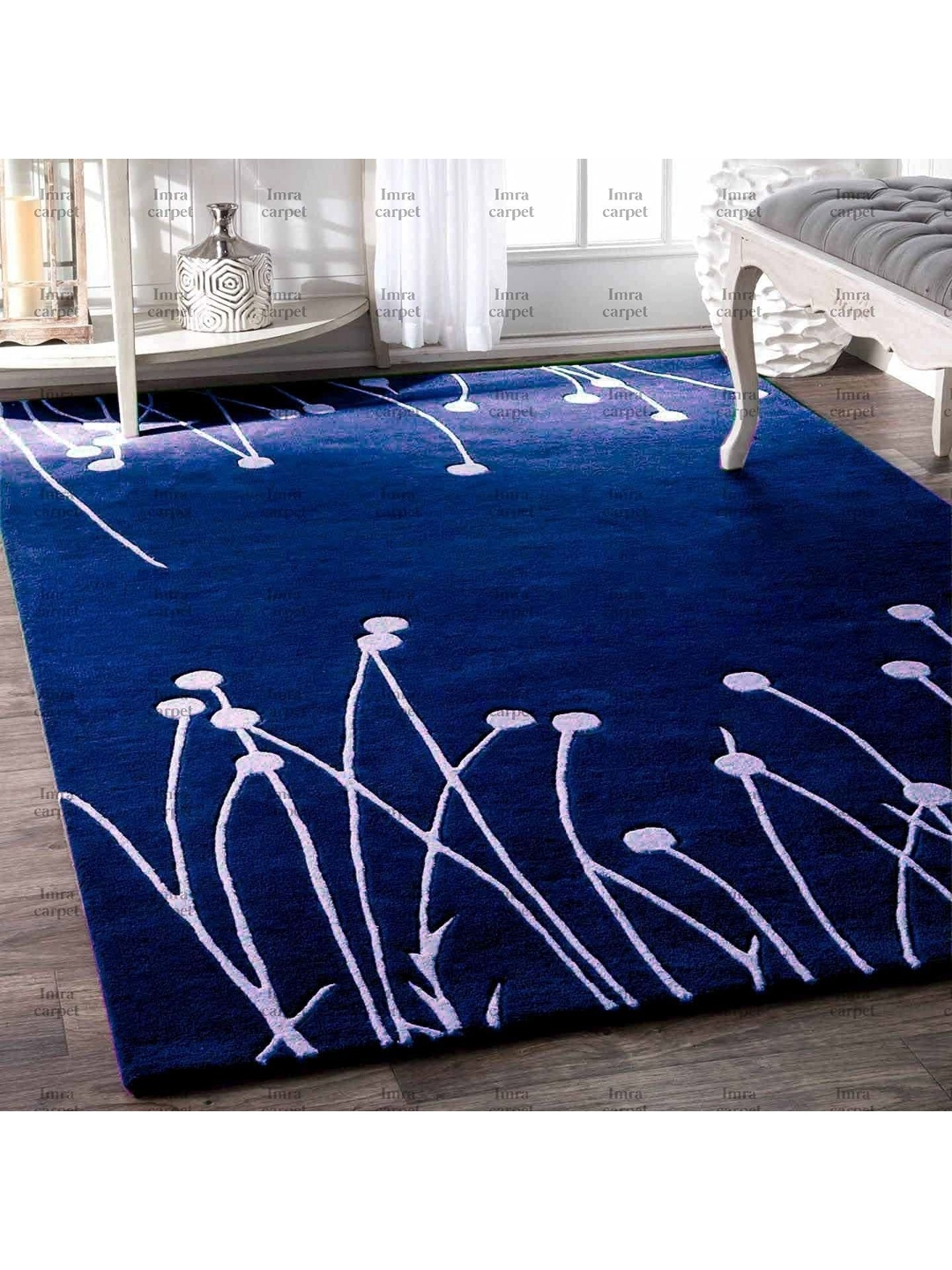 

IMRA CARPET Blue & White Floral Woollen Rectangular Carpet