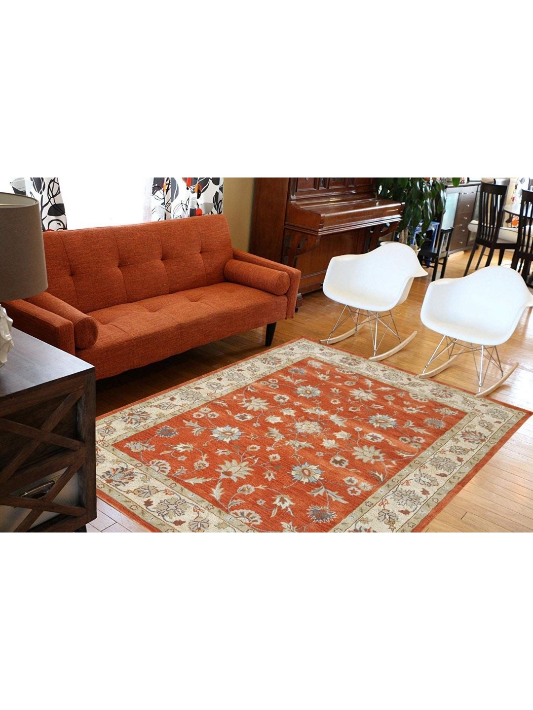 

IMRA CARPET Orange Floral Printed Woollen Carpet