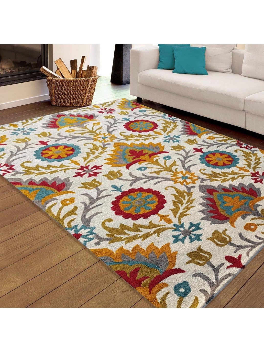 

IMRA CARPET Grey & White Ethnic Motifs Printed Rectangle Shaped Woollen Carpet