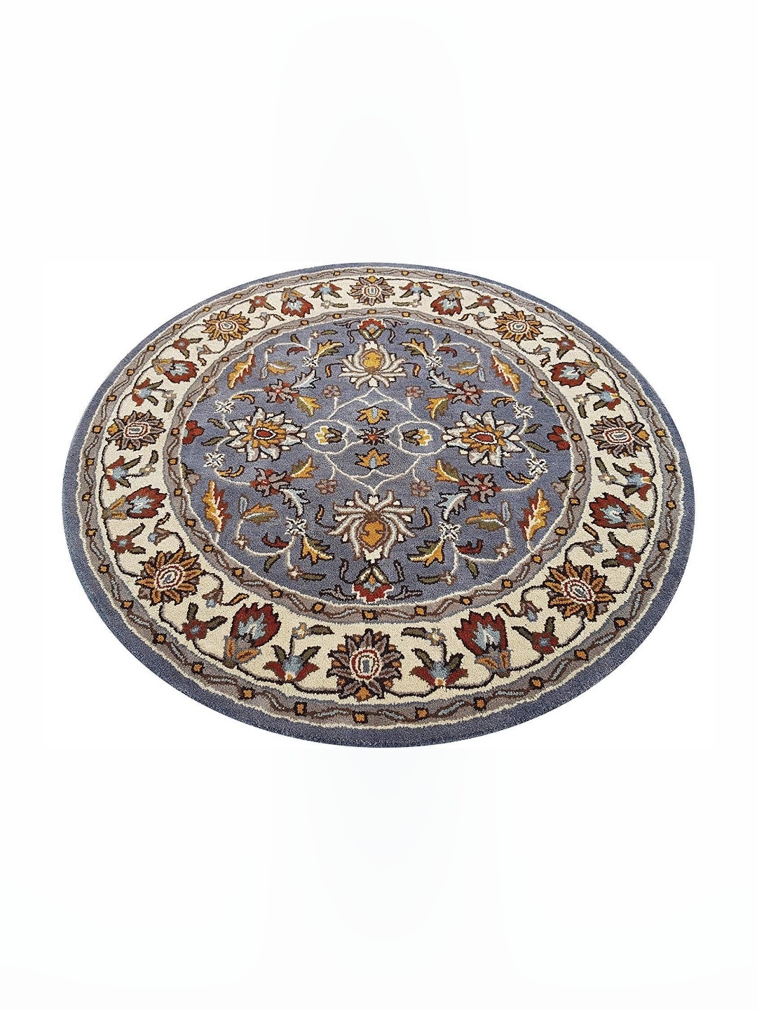 

IMRA CARPET Grey & Cream Coloured Floral Printed Round Shaped Woollen Carpet