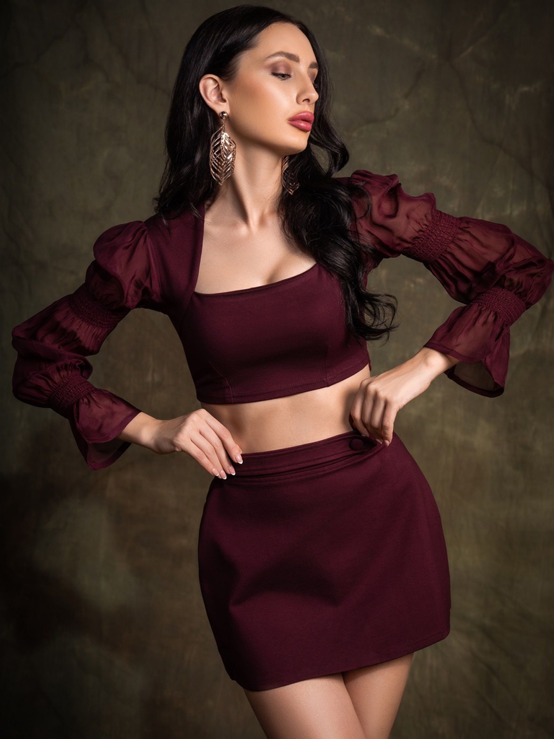 

brown Women Solid sugar Long Sleeve Top & Skirt Co-Ords, Maroon