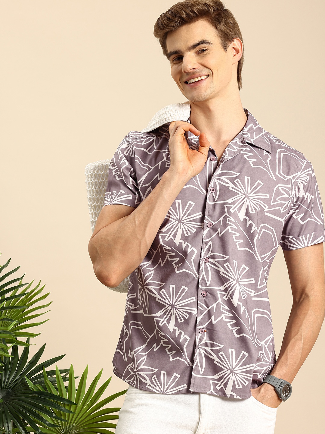 Mast & Harbour Men Slim Fit Floral Printed Cuban Collar Casual Shirt, Mauve