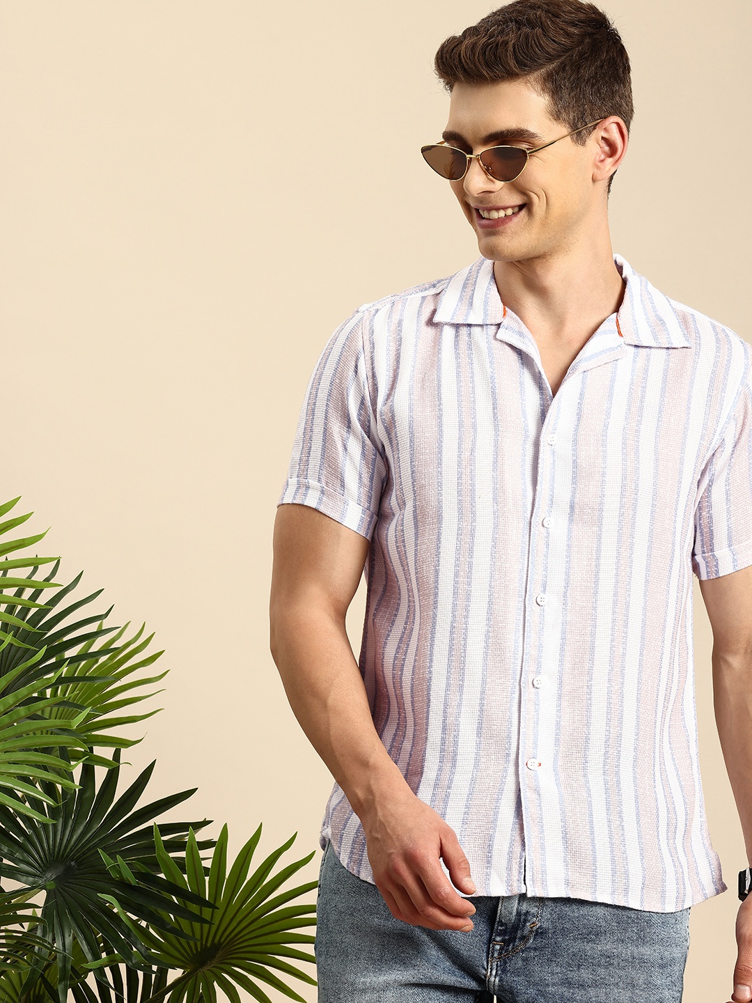 

Mast & Harbour Men Slim Fit Vertical Striped Cuban Collar Casual Shirt, Beige