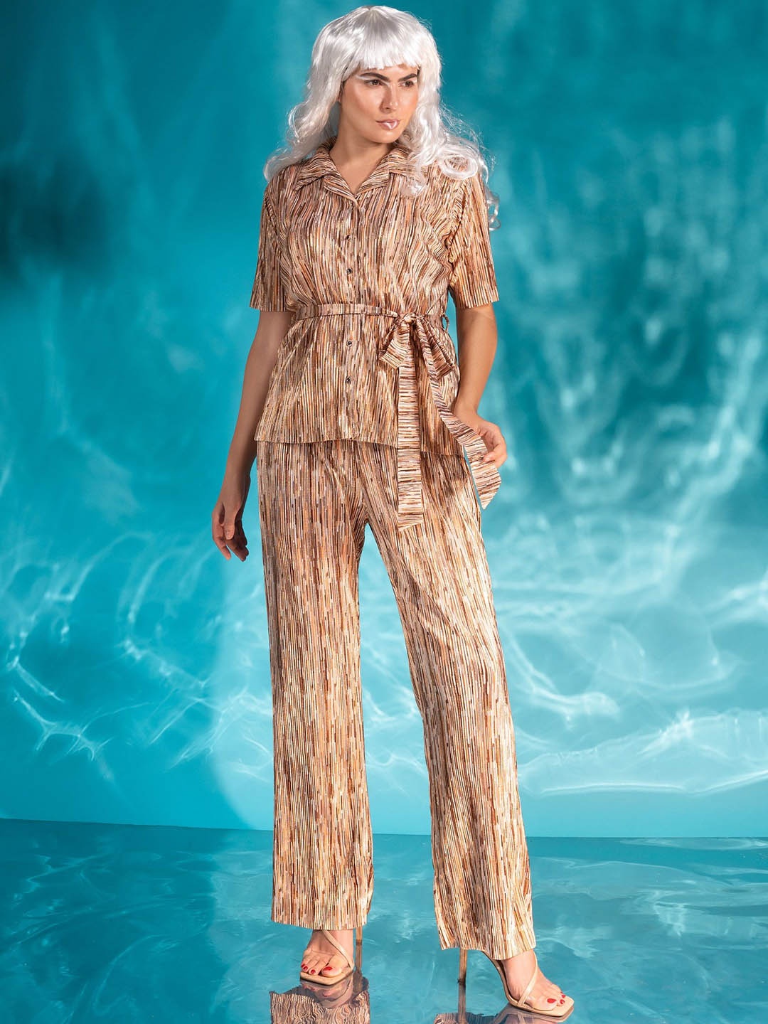 

brown Women Solid sugar Striped Shirt & Trouser Co-Ords, Cream
