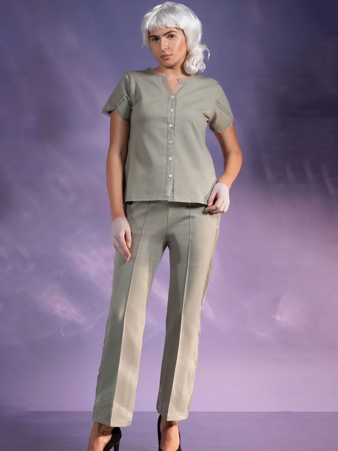brown Women Solid sugar Shirt With Trousers Co-Ords, Grey