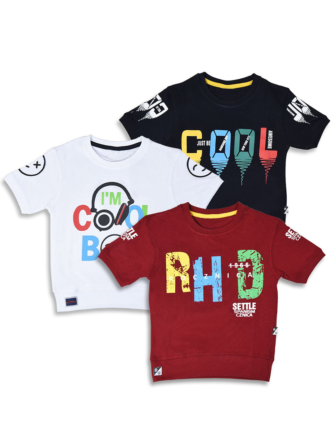 

BAESD Boys Pack Of 3 Round Neck Printed Pure Cotton T-shirts, Maroon