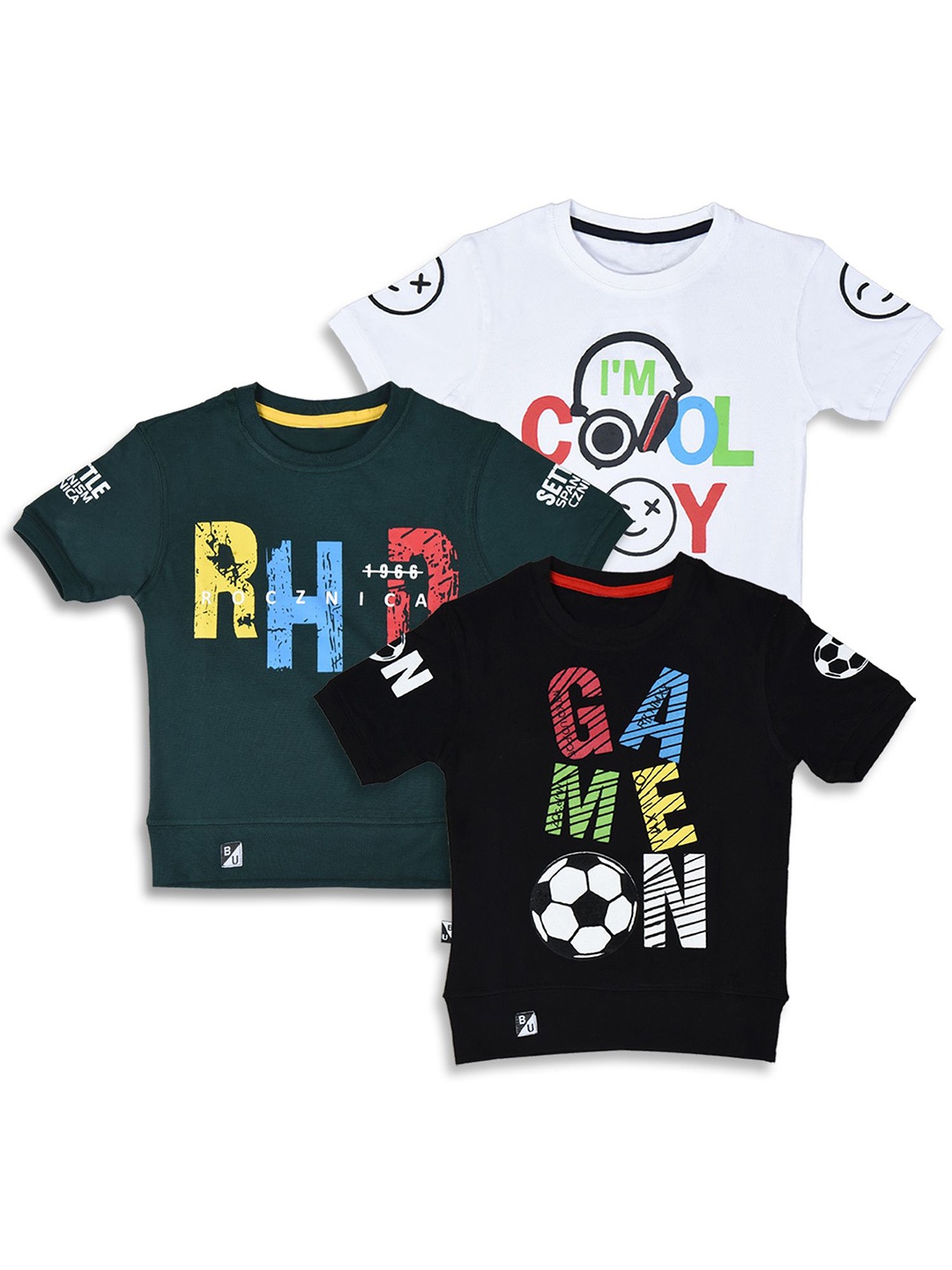 

BAESD Boys Pack Of 3 Typography Printed Pure Cotton T-shirts, Black