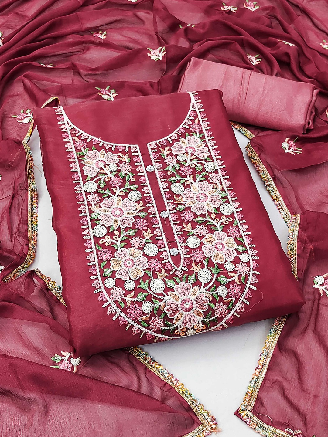 

KIMISHA Women Embroidered Organza Unstitched Dress Material, Maroon