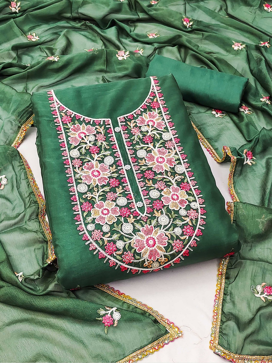 

KIMISHA Women Embroidered Organza Unstitched Dress Material, Green