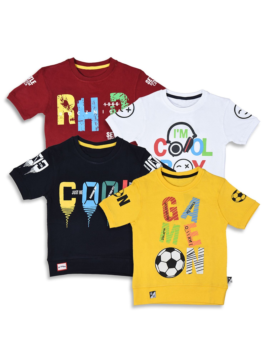

BAESD Boys Pack Of 4 Round Neck Printed Pure Cotton T-shirts, Yellow
