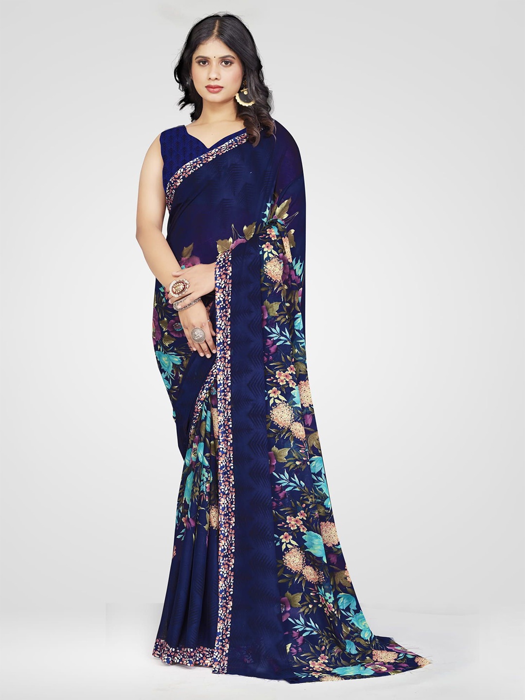 

KALINI Floral Pure Georgette Tussar Saree, Blue