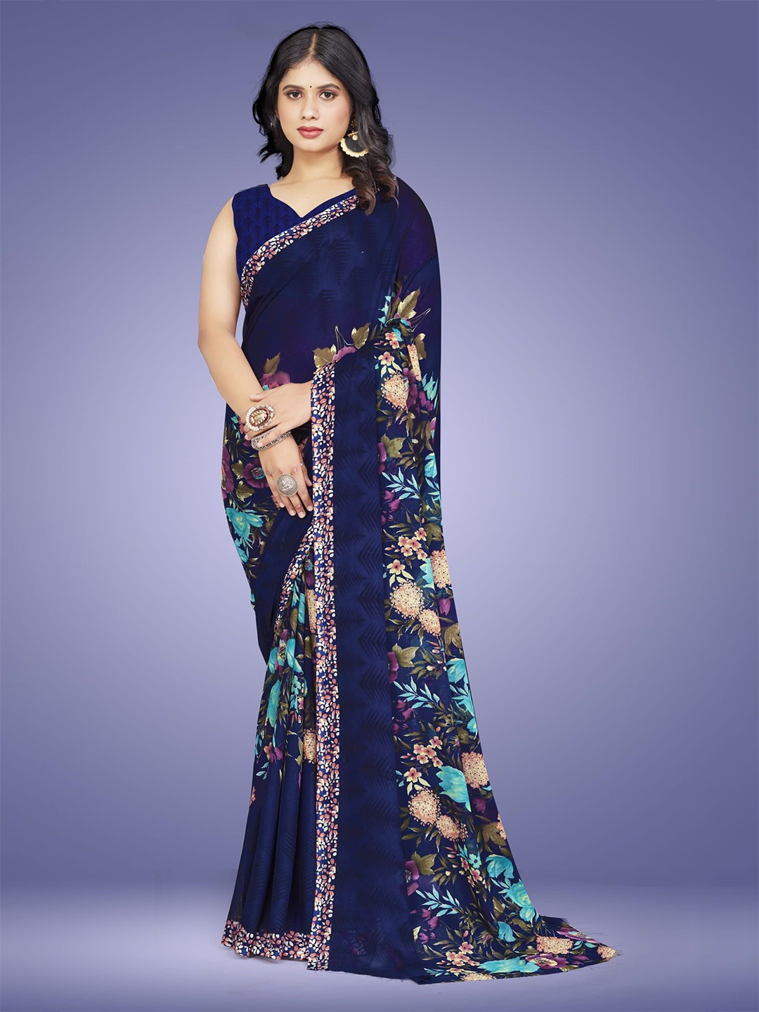 

KALINI Floral Pure Georgette Tussar Saree, Blue