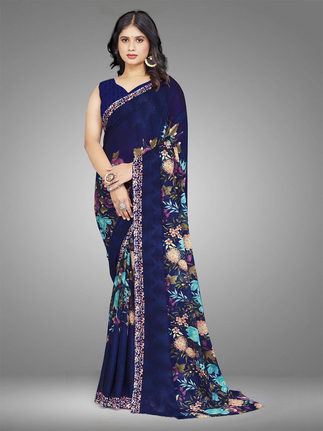 

Mitera Floral Zari Pure Georgette Tussar Saree, Blue
