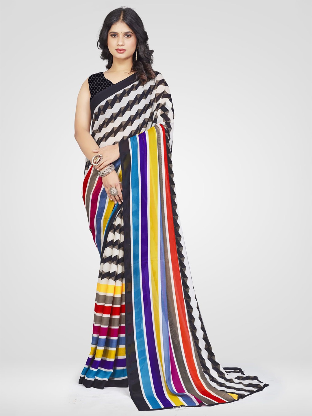 

Mitera Striped Pure Georgette Tussar Saree, Black