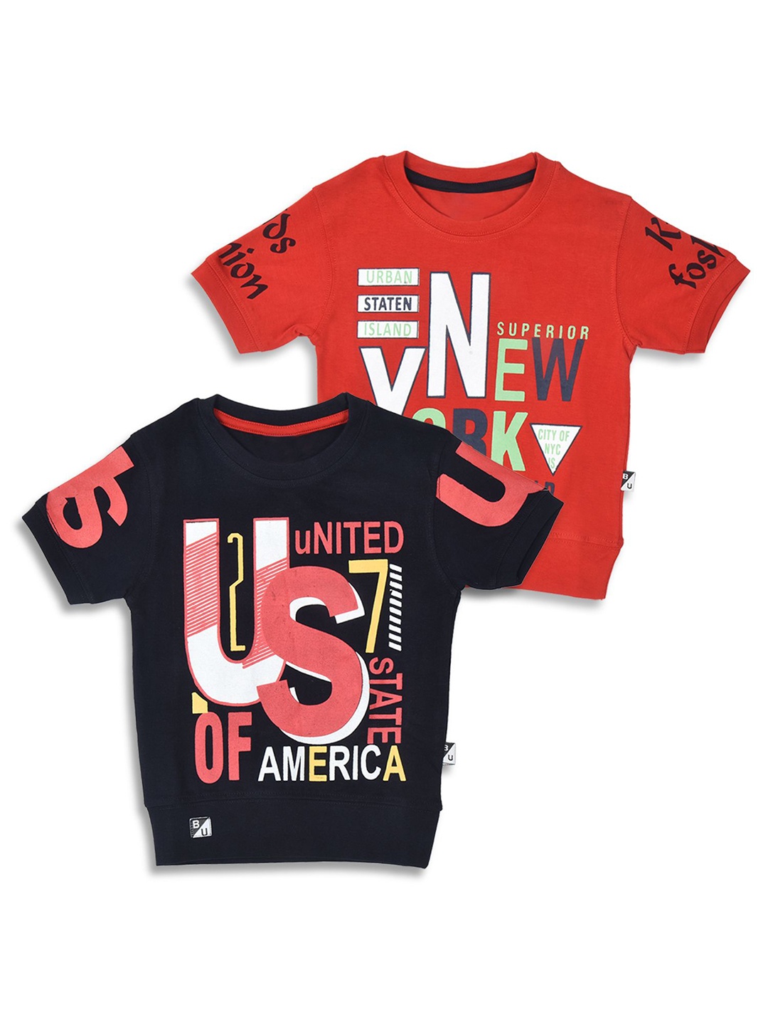 

BAESD Boys Pack Of 2 Round Neck Printed Pure Cotton T-shirts, Navy blue