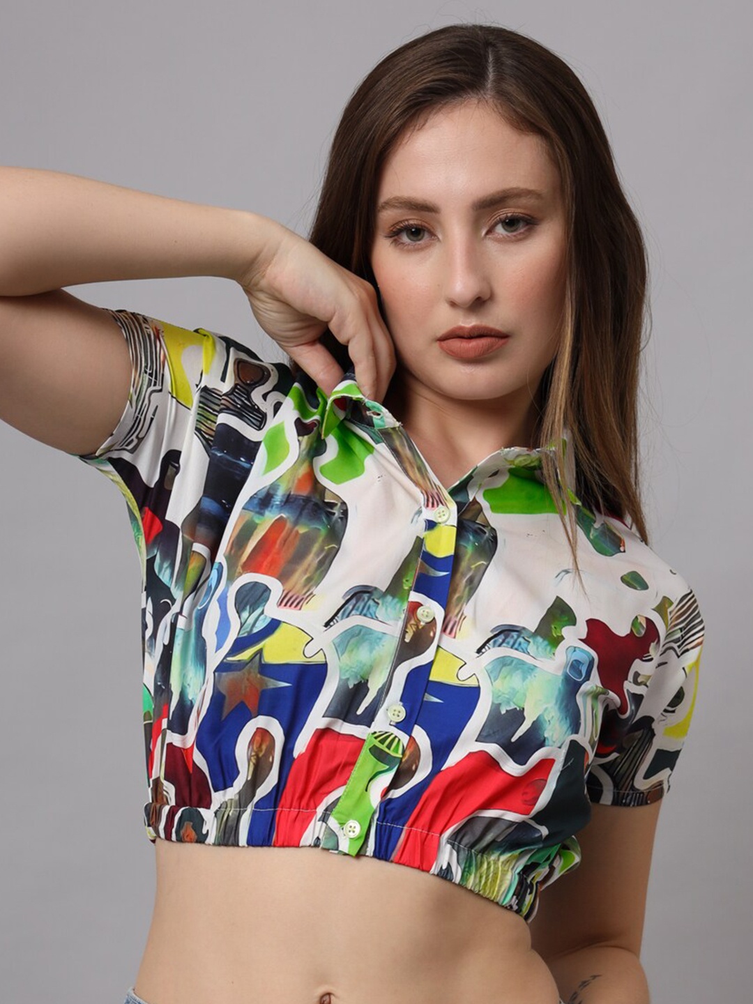 

CHARMGAL Abstract Printed Shirt Collar Crop Top, Multi