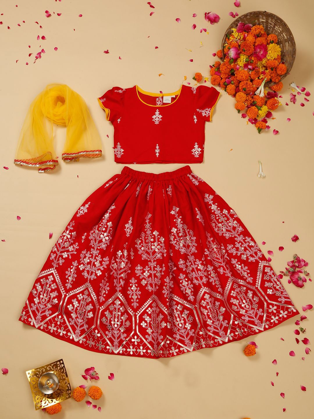 

SAKA DESIGNS Girls Printed Ready to Wear Lehenga & Blouse With Dupatta, Red