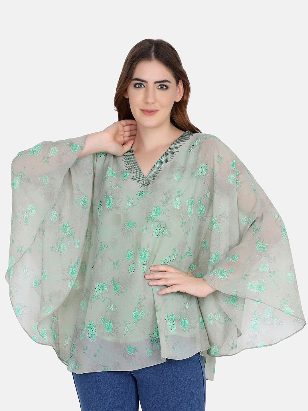 

FUTURO Floral Printed V-Neck Georgette Kaftan Top, Green