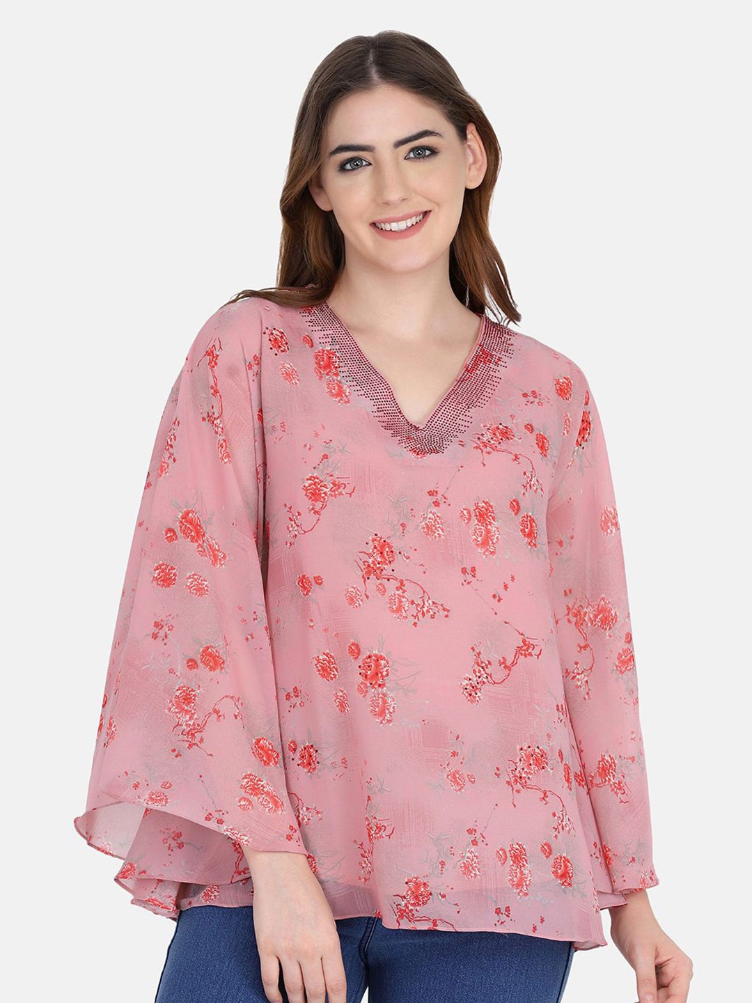 

FUTURO Floral Printed V-Neck Kaftan Top, Pink