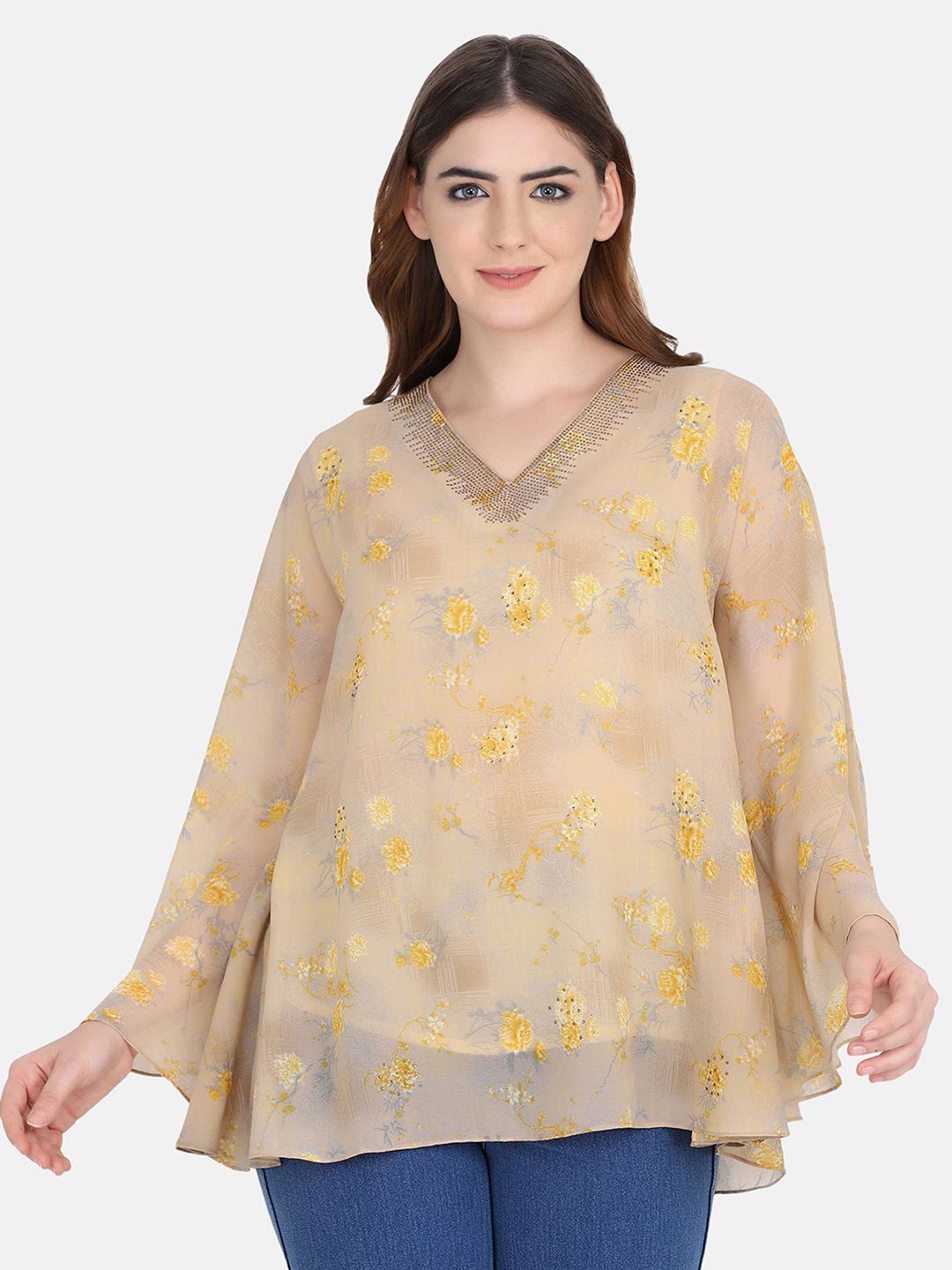 FUTURO Plus Size Floral Printed Georgette Kaftan Top, Yellow
