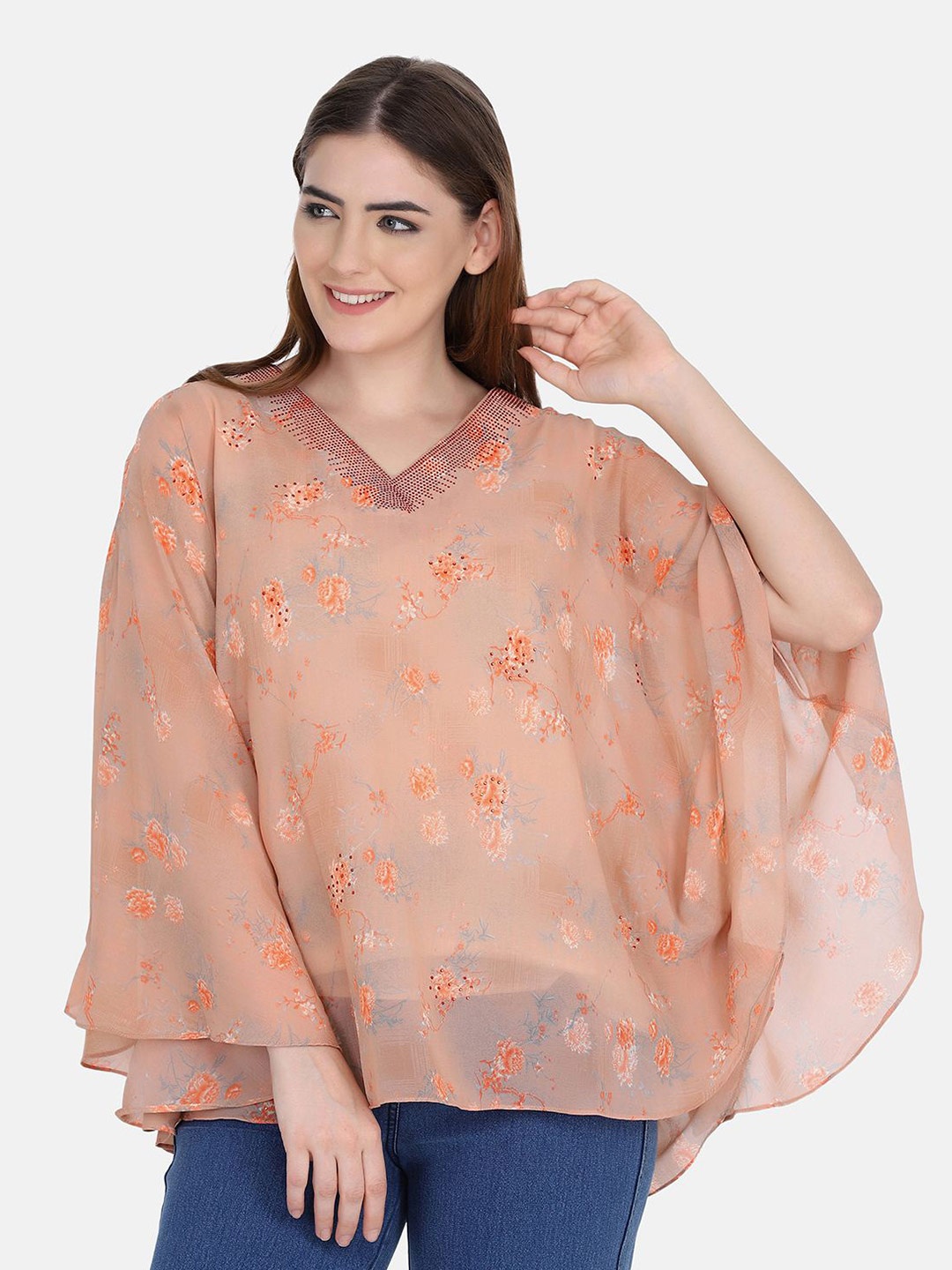 

FUTURO Floral Printed V-Neck Georgette Kaftan Top, Orange