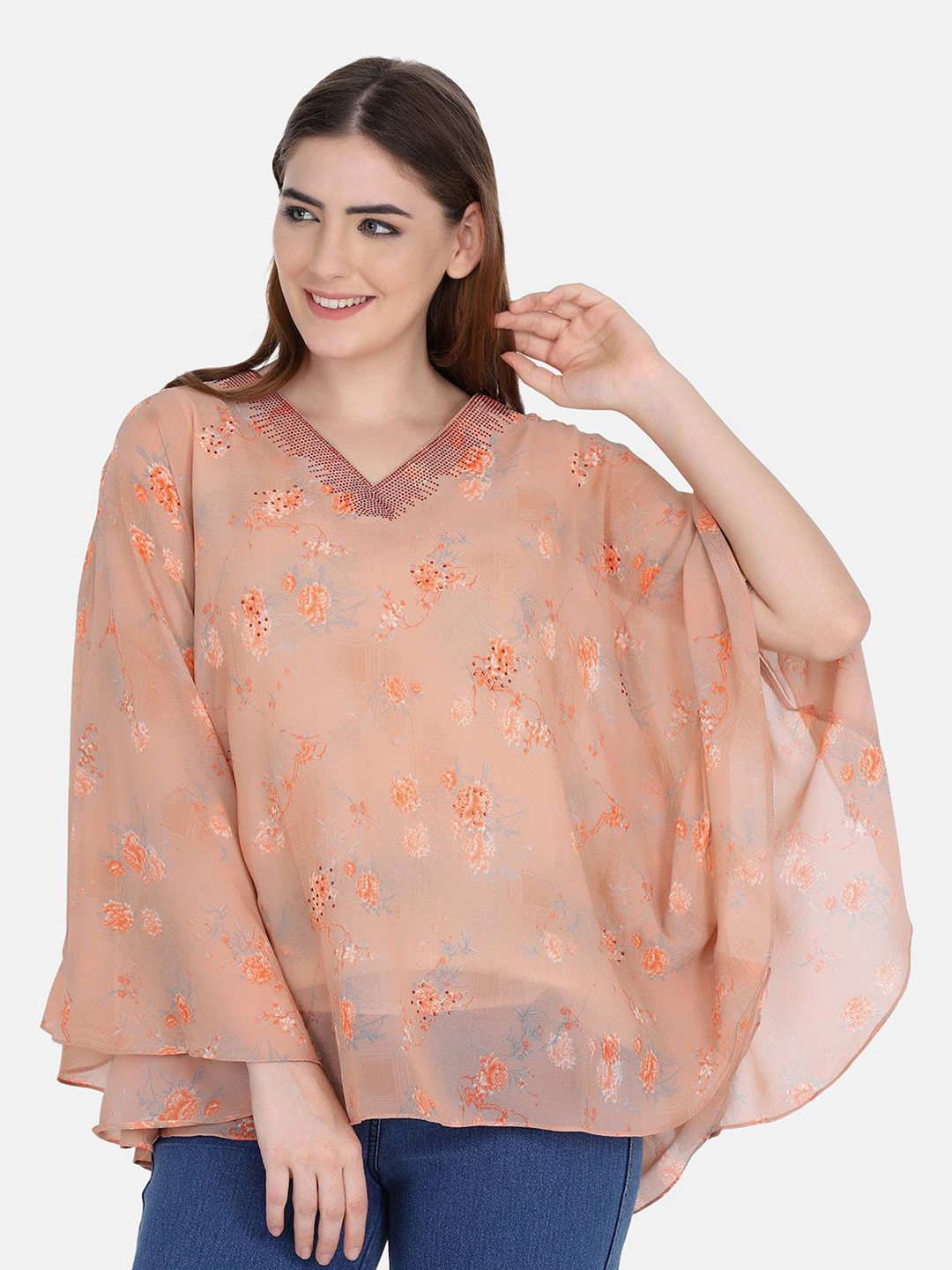 

FUTURO Floral Printed V-Neck Georgette Kaftan Top, Orange