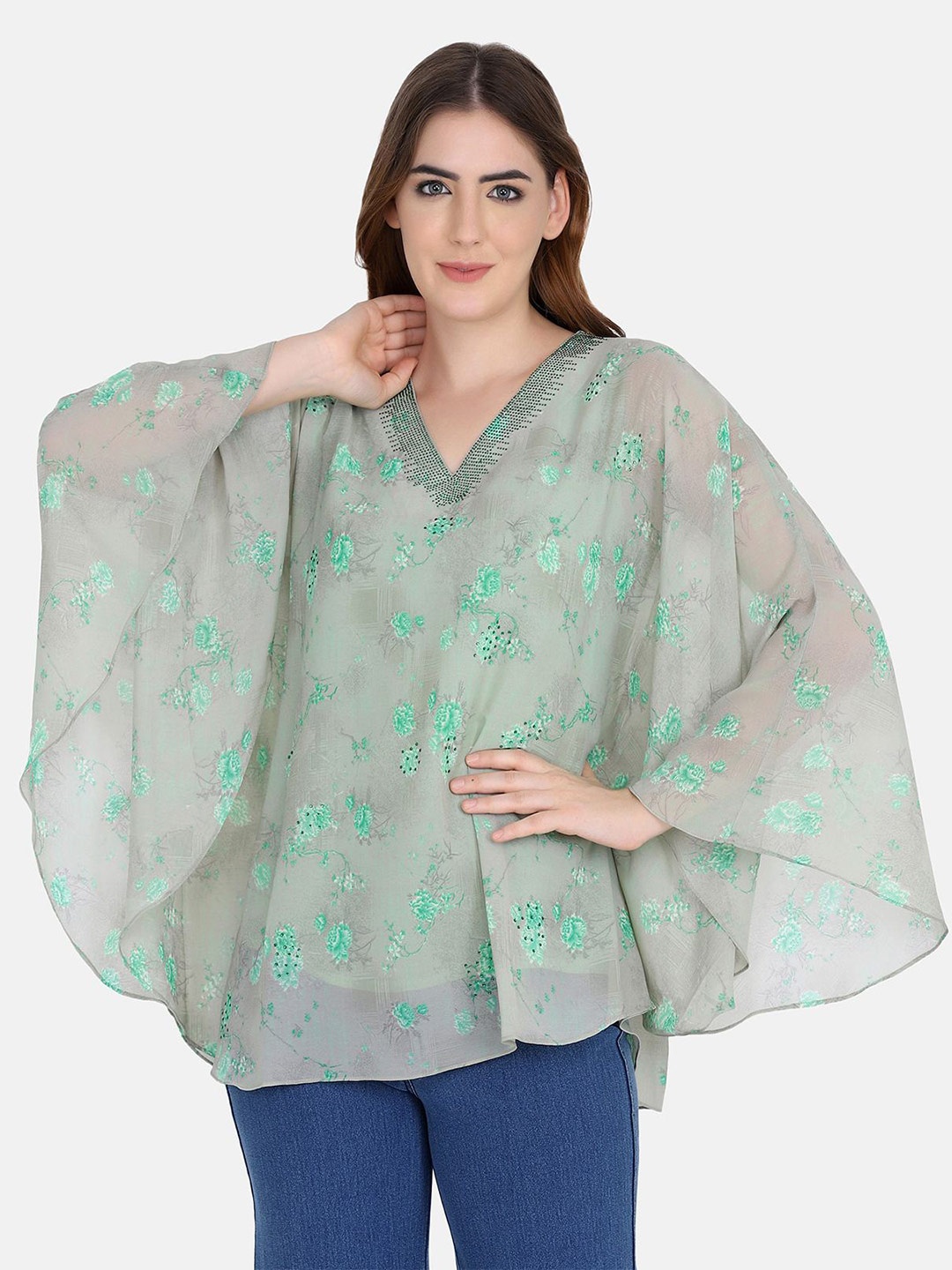 

FUTURO Plus Size Floral Printed Georgette Kaftan Top, Green
