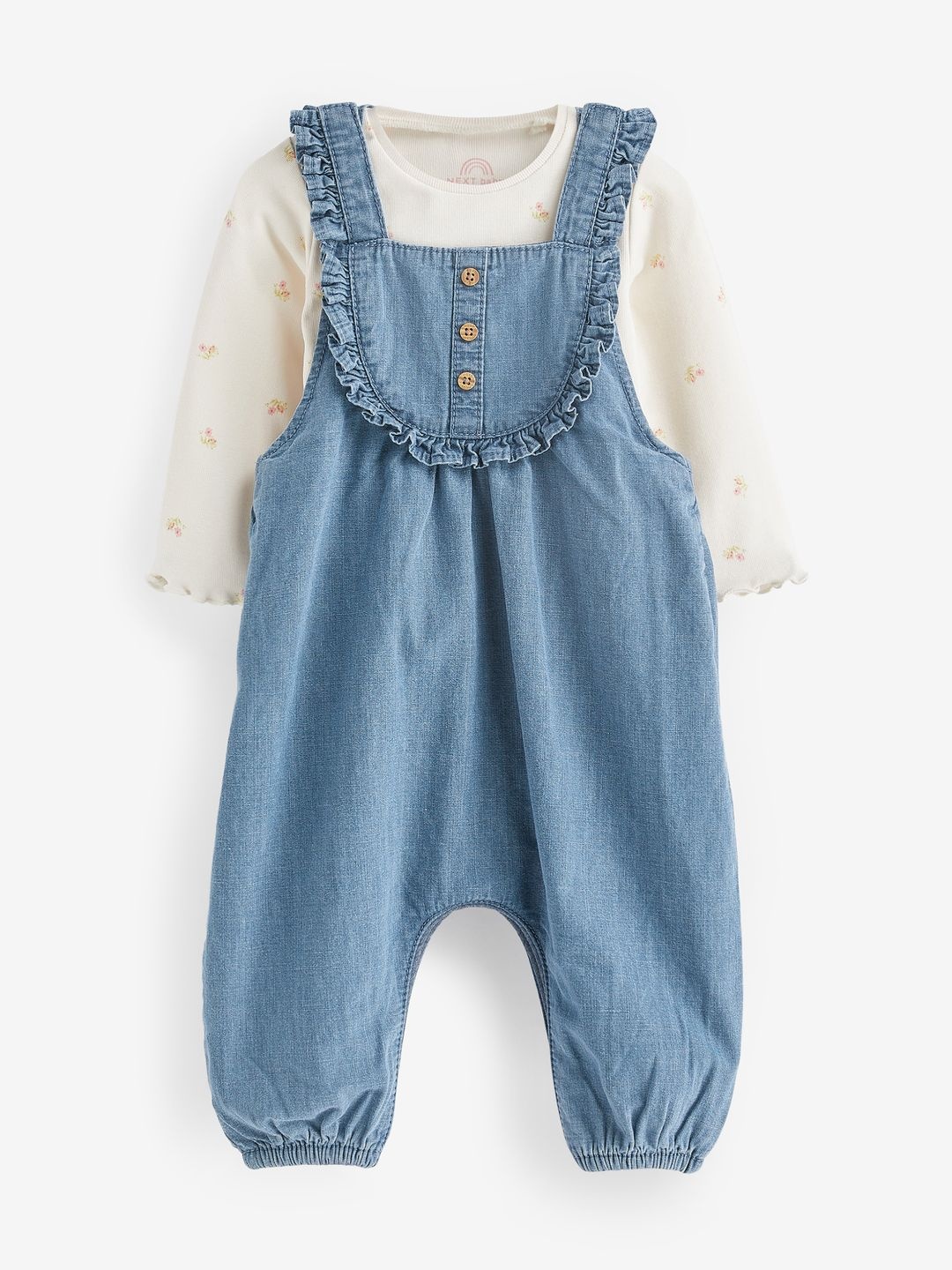 

NEXT Infants Girls Denim Dungarees with Printed Bodysuit, Blue