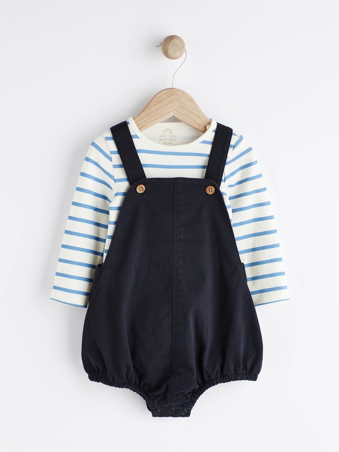 

NEXT Infants Boys Dungarees with Striped Bodysuit, Navy blue
