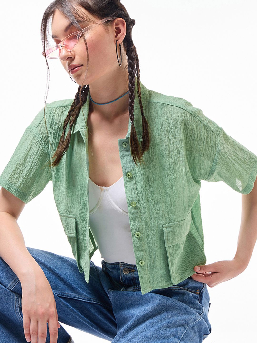 

Bewakoof Women Casual Cargo Crop Shirt, Green