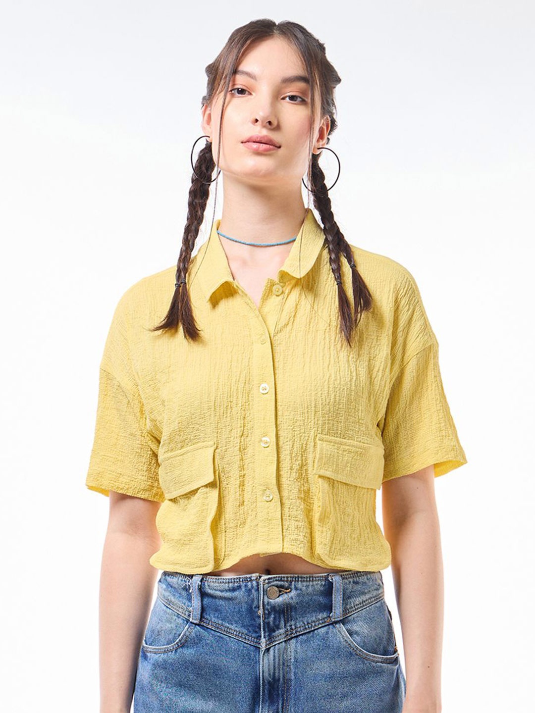 

Bewakoof Women Casual Cargo Crop Shirt, Yellow