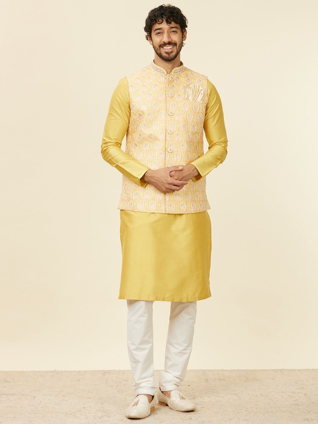 

Manyavar Embroidered Woven Nehru Jacket, Yellow