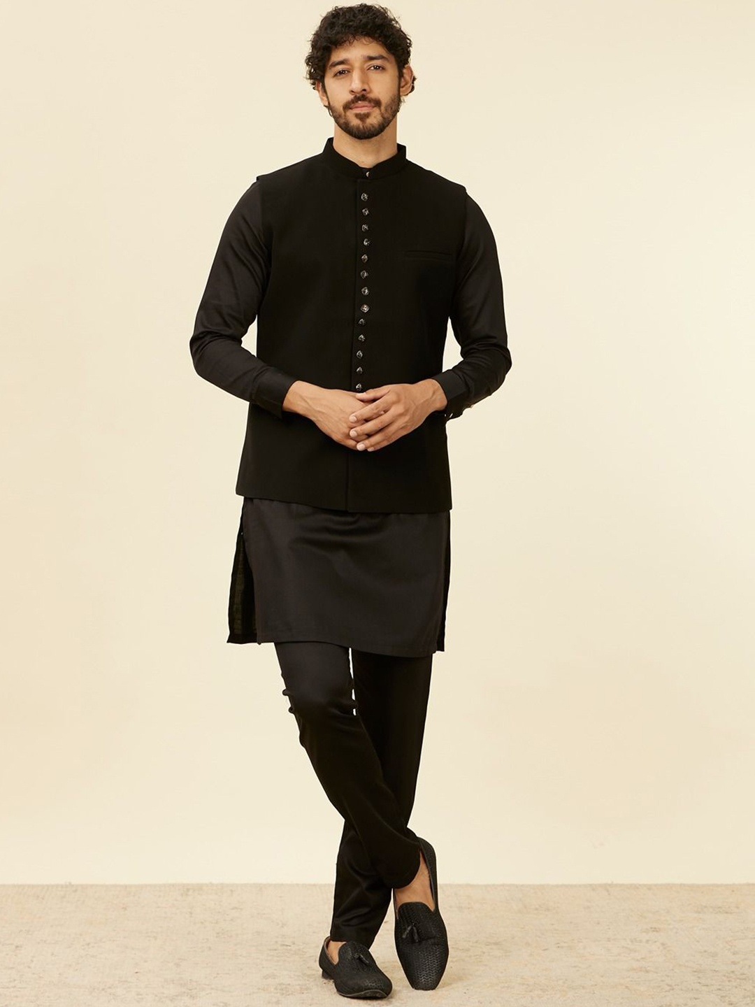 

Manyavar Woven Nehru Jacket, Black