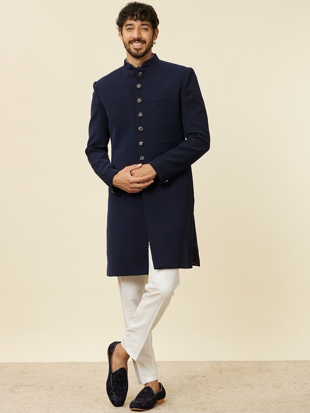 

Manyavar Solid Indo Western Sherwani, Navy blue