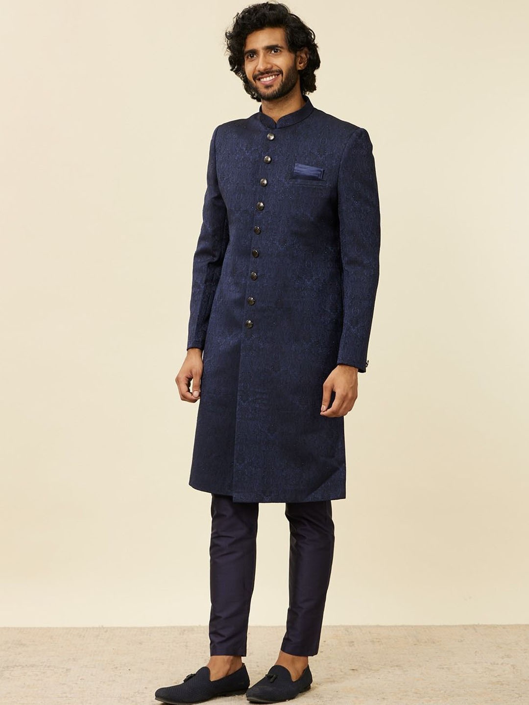 

Manyavar Brocade Embroidered Sherwani Set, Navy blue