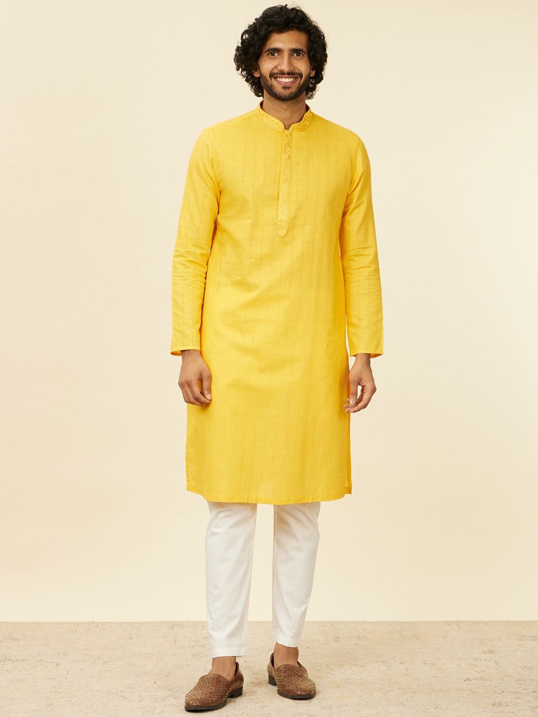 

Manyavar Men Embroidered Regular Kurta with Pyjamas, Mustard