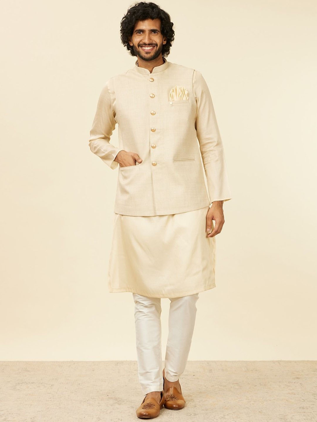 

Manyavar Woven Mandarin Nehru Jacket, Beige