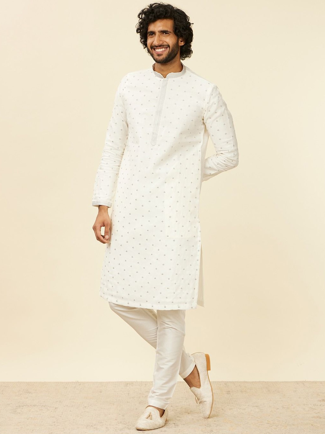 

Manyavar Men Floral Embroidered Regular Kurta with Pyjamas, White