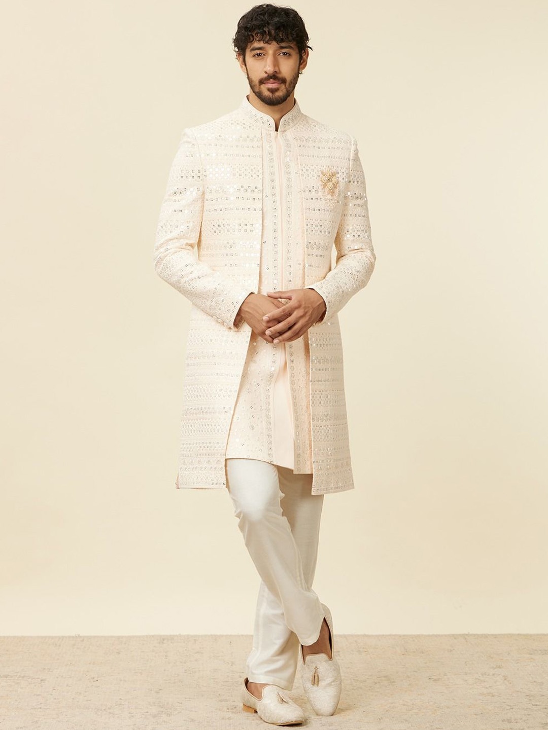 

Manyavar Georgette Embellished Sherwani Set, Rose gold