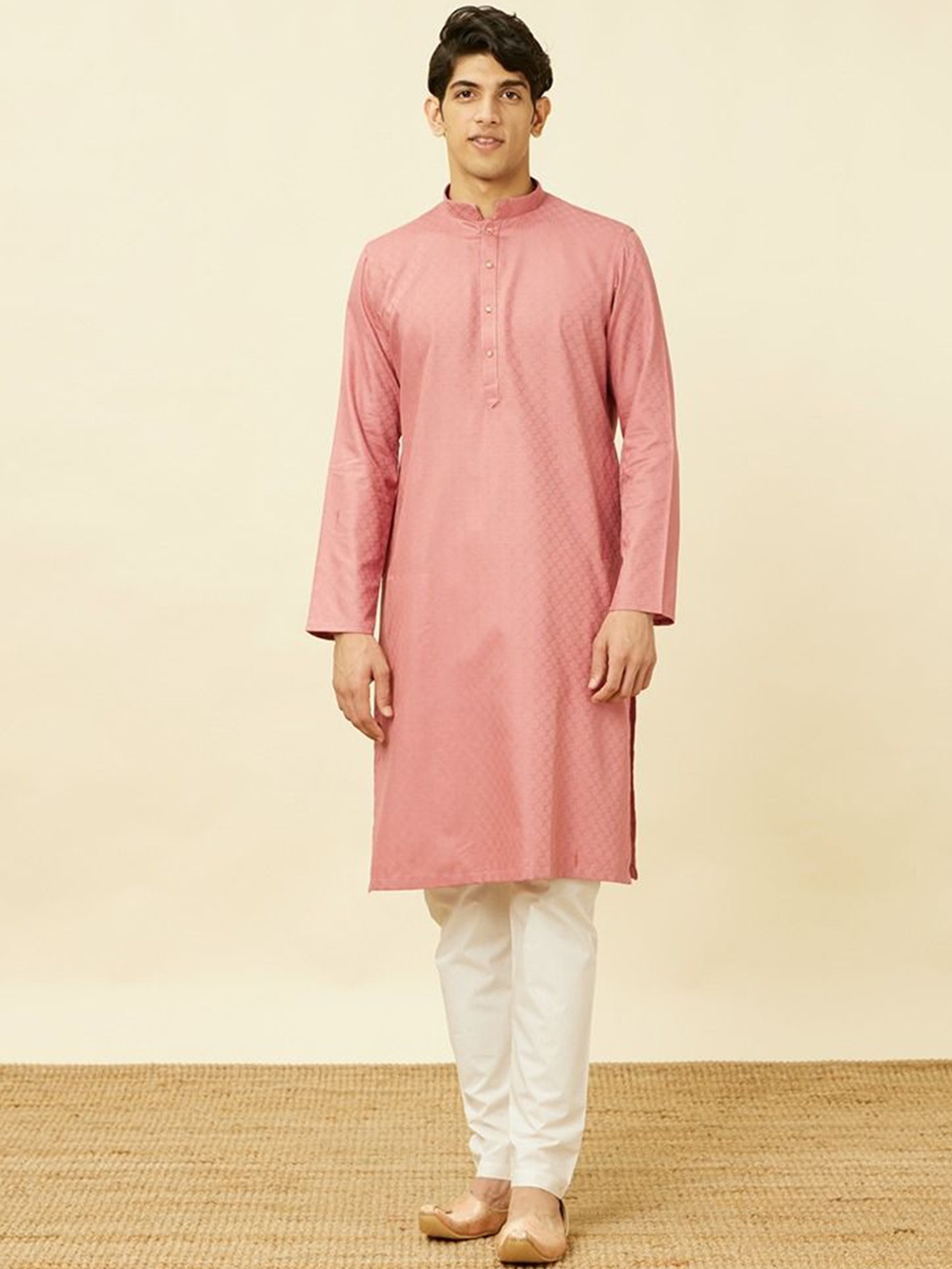 

Manyavar Men Woven Design Mandarin Collar Self design Kurta, Pink