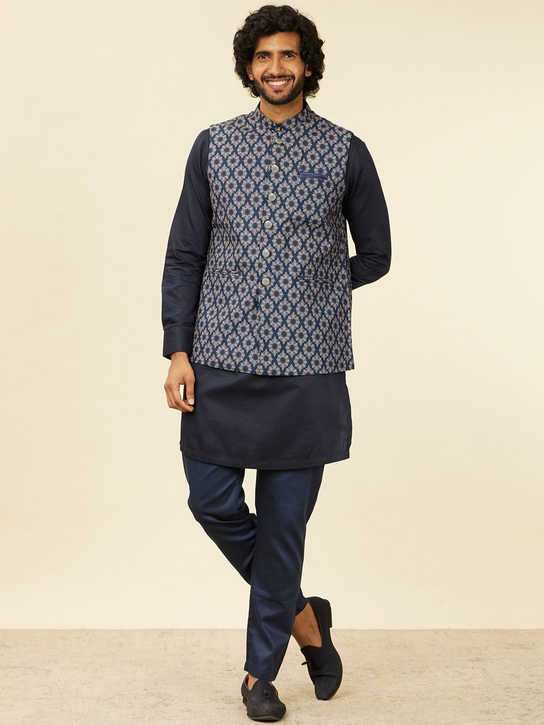 

Manyavar Printed Nehru Jacket, Blue