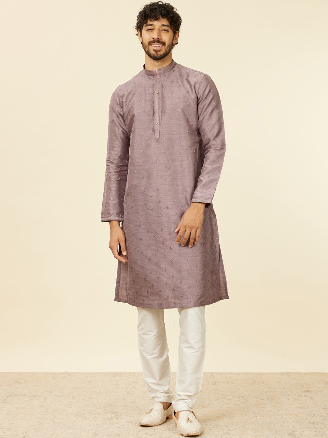 

Manyavar Men Embroidered Regular Beads and Stones Kurta with Pyjamas, Purple