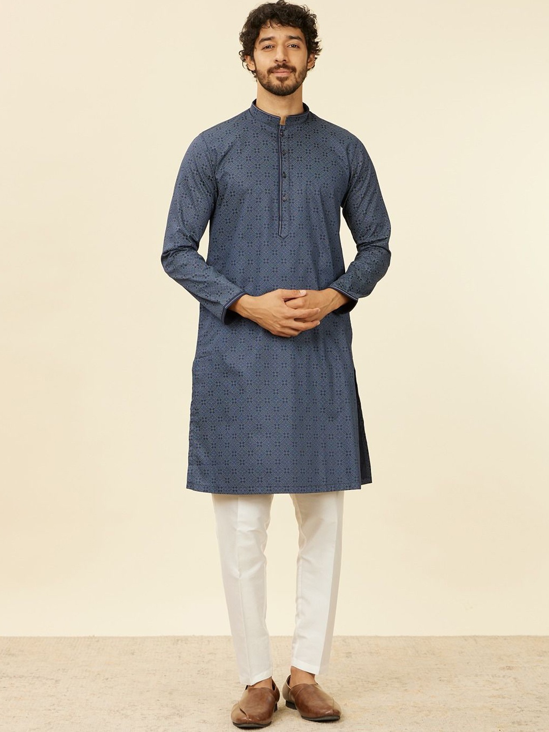 

Manyavar Ethnic Motifs Printed Mandarin Collar Cotton Straight Kurta, Blue