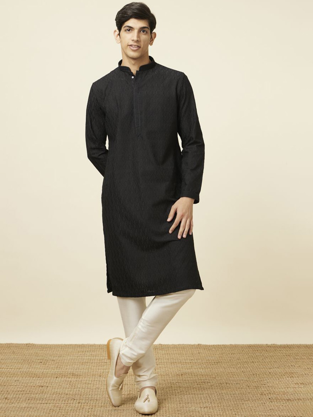 

Manyavar Ethnic Motifs Embroidered Mandarin Collar Straight Kurta, Black