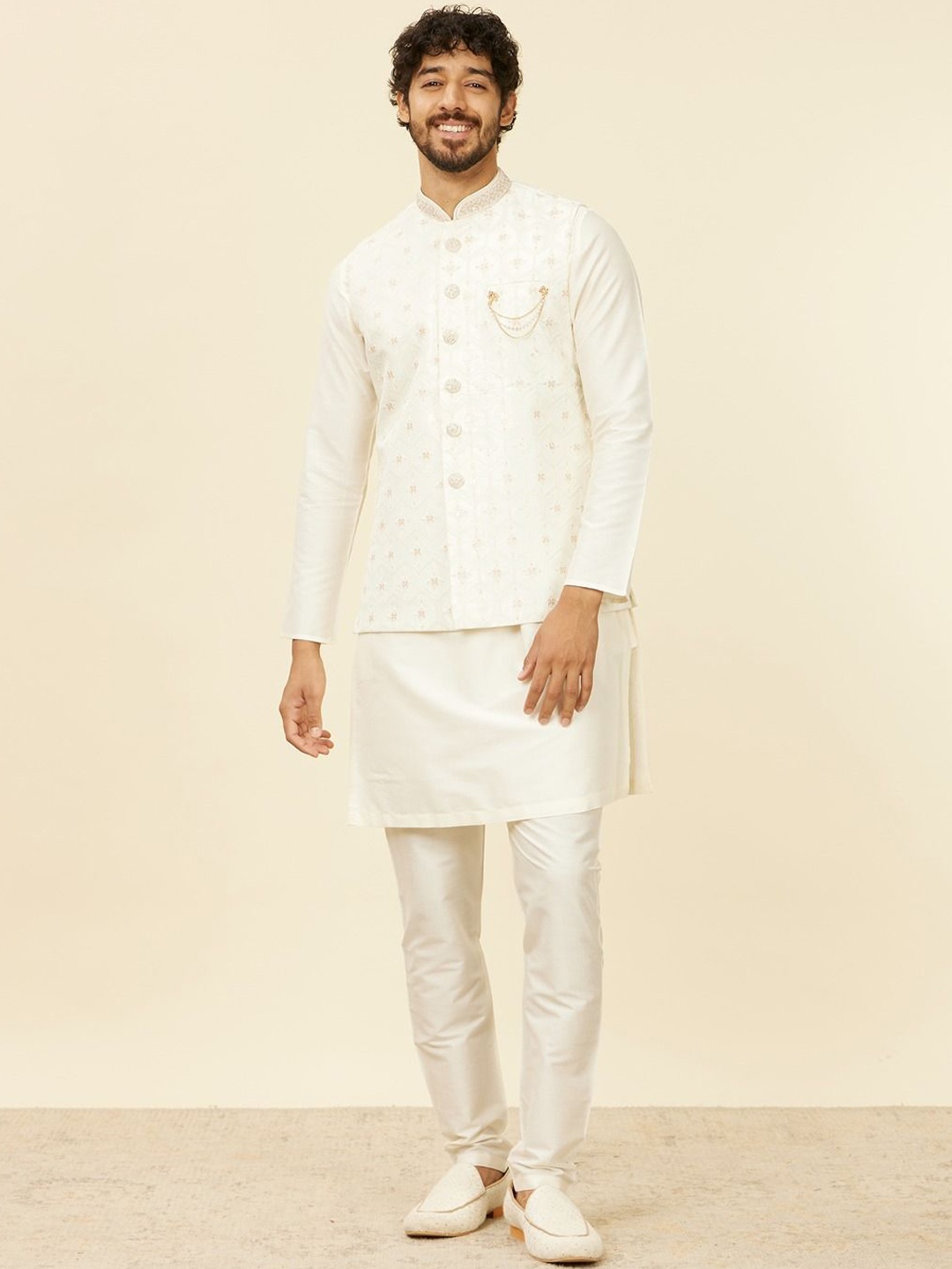 Manyavar Embroidered Woven Nehru Jacket, White