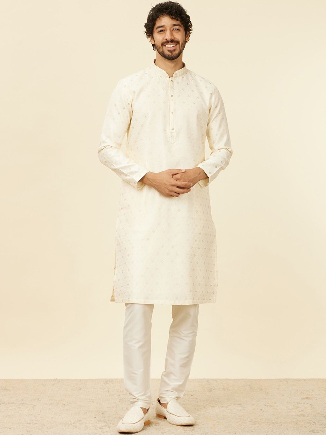 

Manyavar Men Cream Art Silk Regular Beads and Stones Kurta with Pyjamas