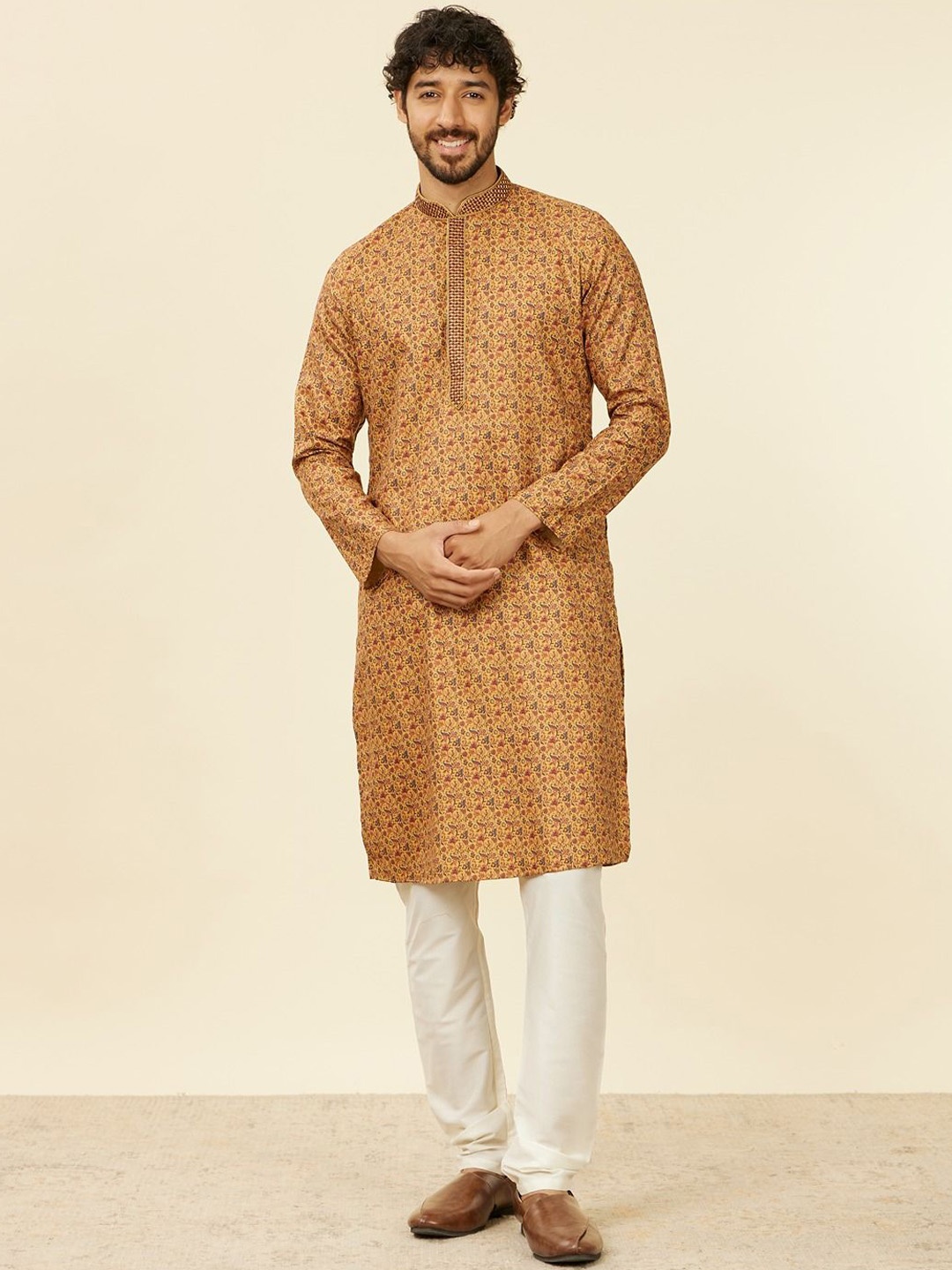 

Manyavar Men Embroidered Regular Kurta with Trouser, Mustard