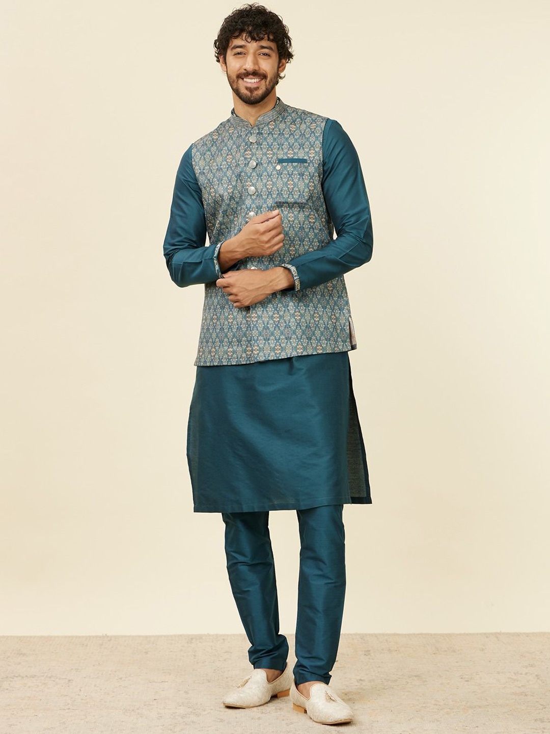 

Manyavar Printed Nehru Jacket, Teal