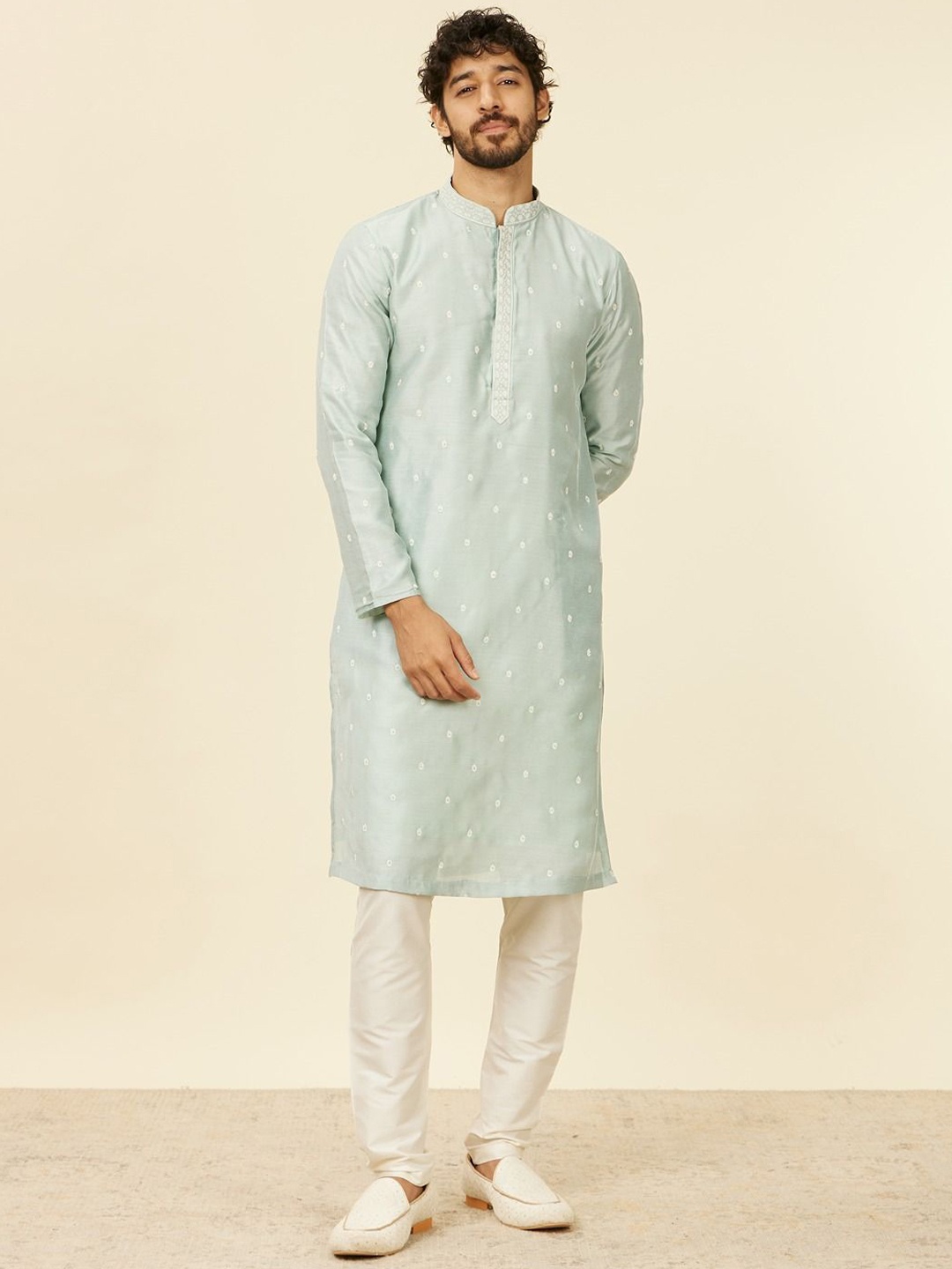 Manyavar Men Embroidered Regular Kurta with Pyjamas, Blue
